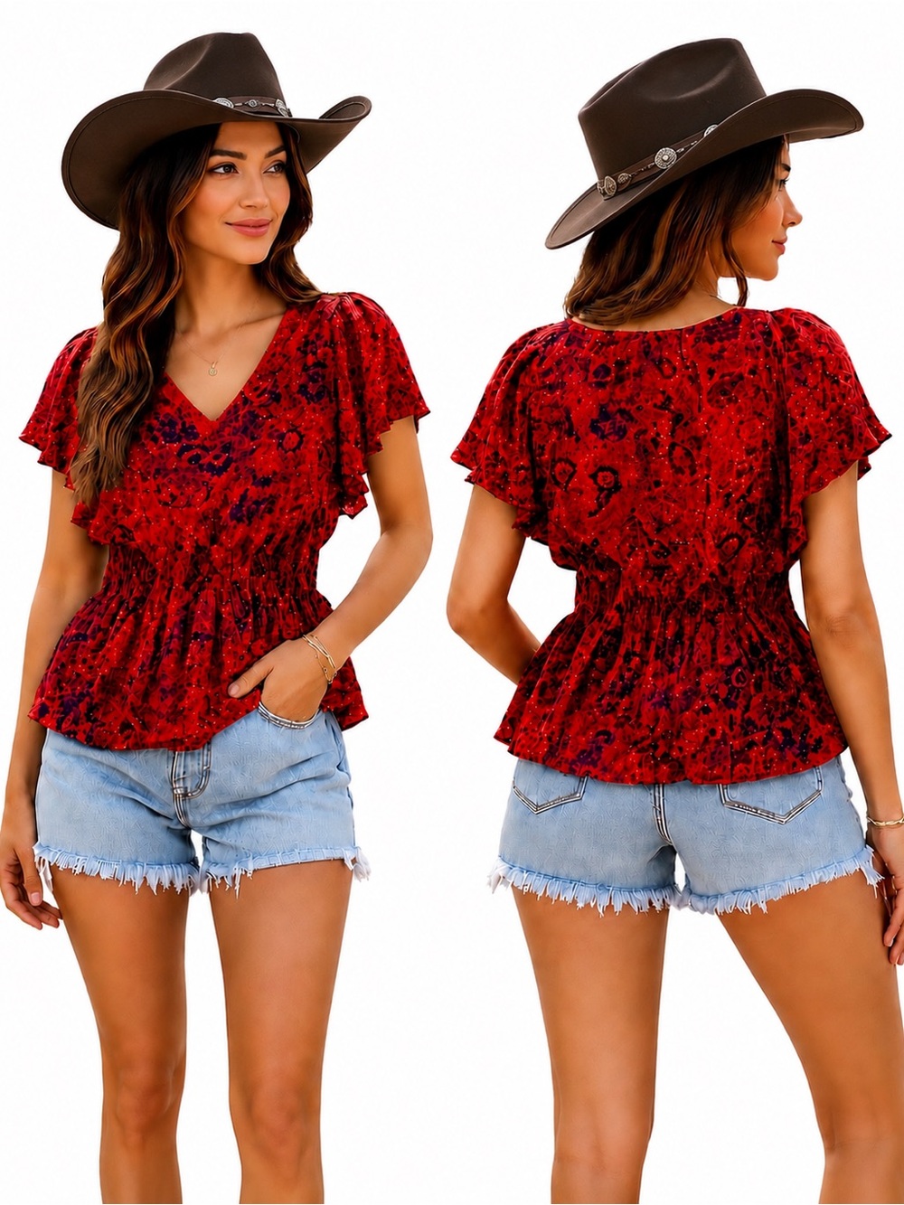 Angie Boho Floral Paisley Smocked Peplum Top Women’s Lg Red Flutter Sleeve Rayon